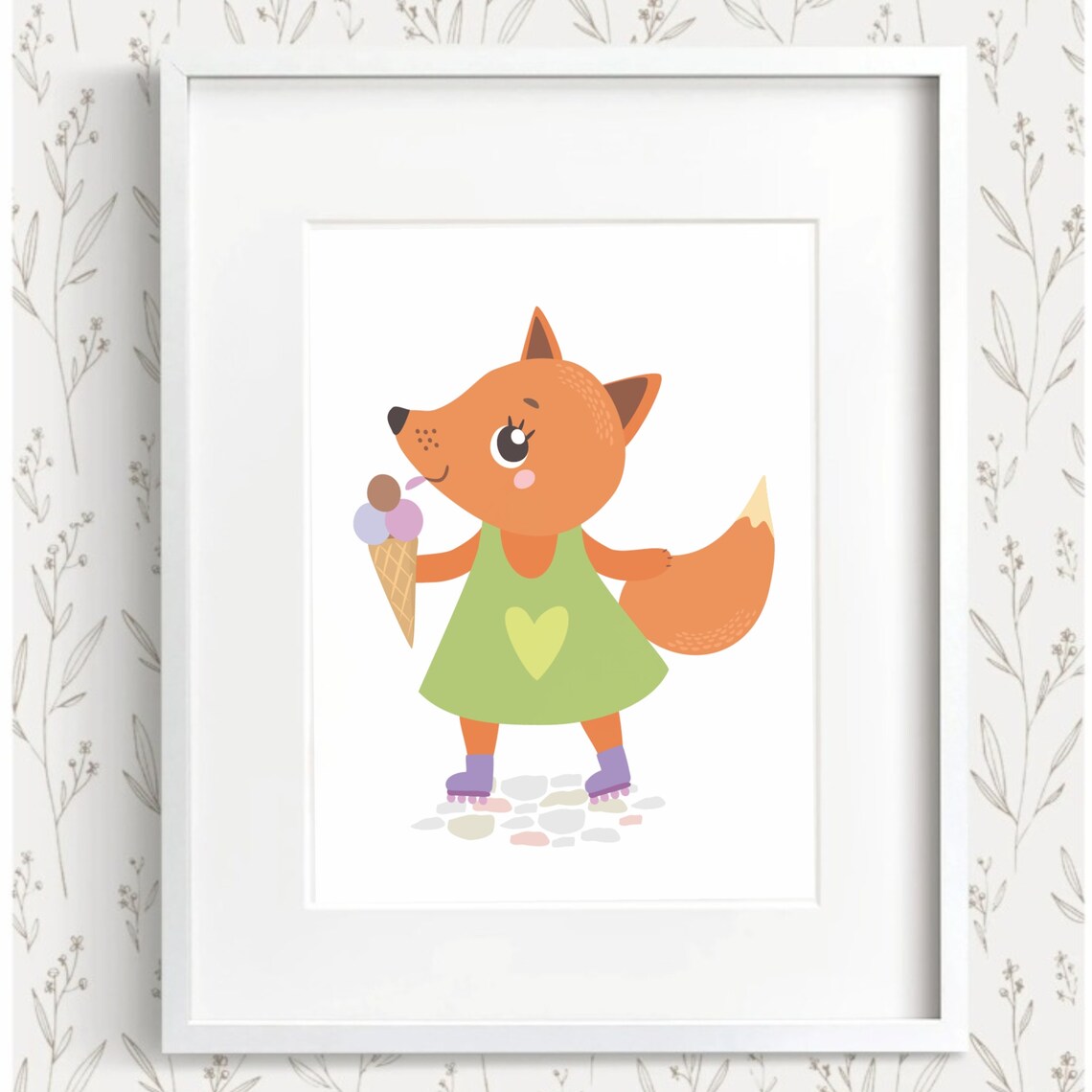 Fox In Green Dress With Ice Cream Roller Skates Cartoon Kids Room Wall Art - Image 2