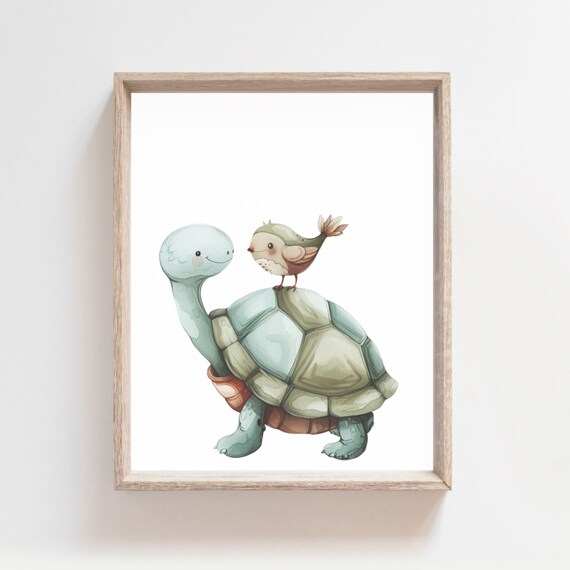Smiling Turtle With Bird Riding On Its Shell Watercolor Poster
