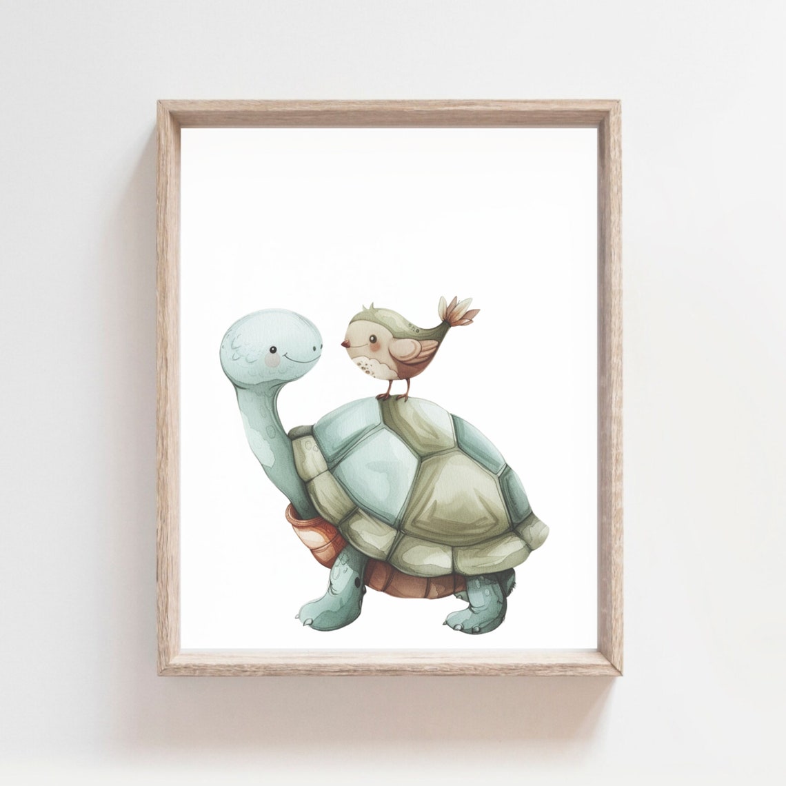 Smiling Turtle With Bird Riding On Its Shell Watercolor Poster