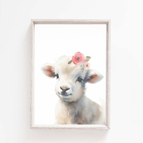 Sweet Baby Lamb Flower Crown Watercolor Nursery Room Art Poster