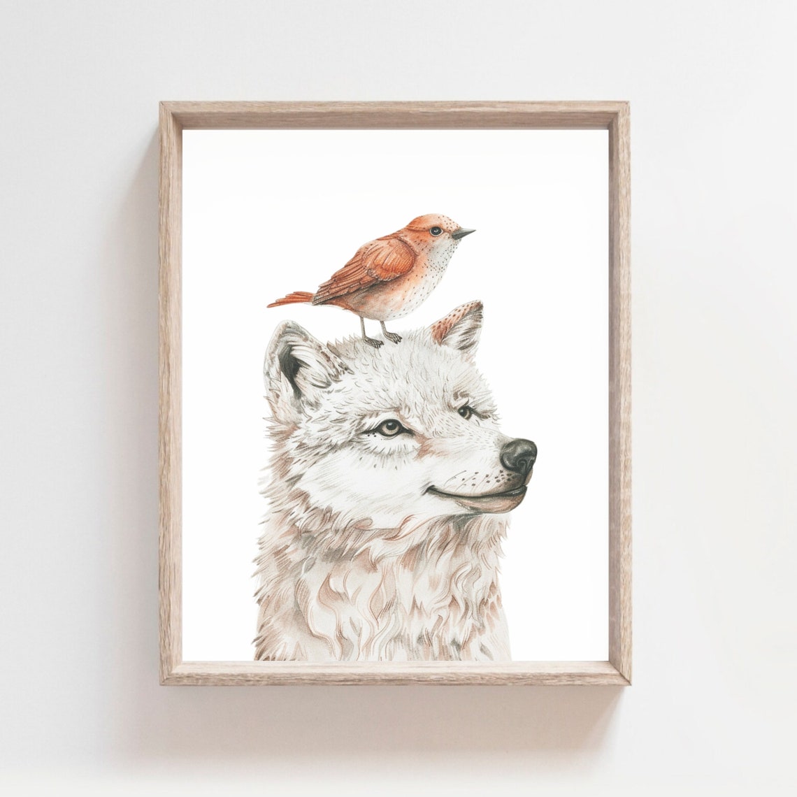 White Wolf With Reddish Bird On Head Soft Watercolor Animal Poster