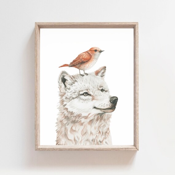 White Wolf With Reddish Bird On Head Soft Watercolor Animal Poster