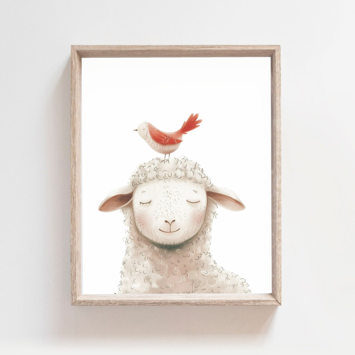 Smiling Lamb Red Bird Watercolor Farm Animal Nursery Kids Poster