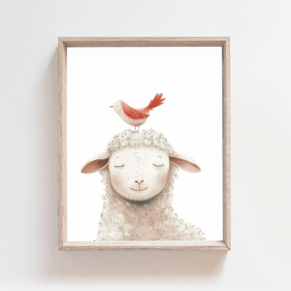 Smiling Lamb Red Bird Watercolor Farm Animal Nursery Kids Poster