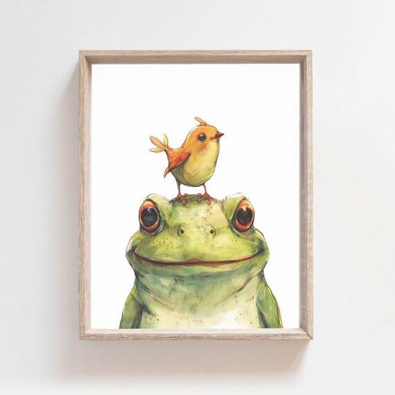 Happy Green Frog Face With Yellow Bird On Head Nursery Poster
