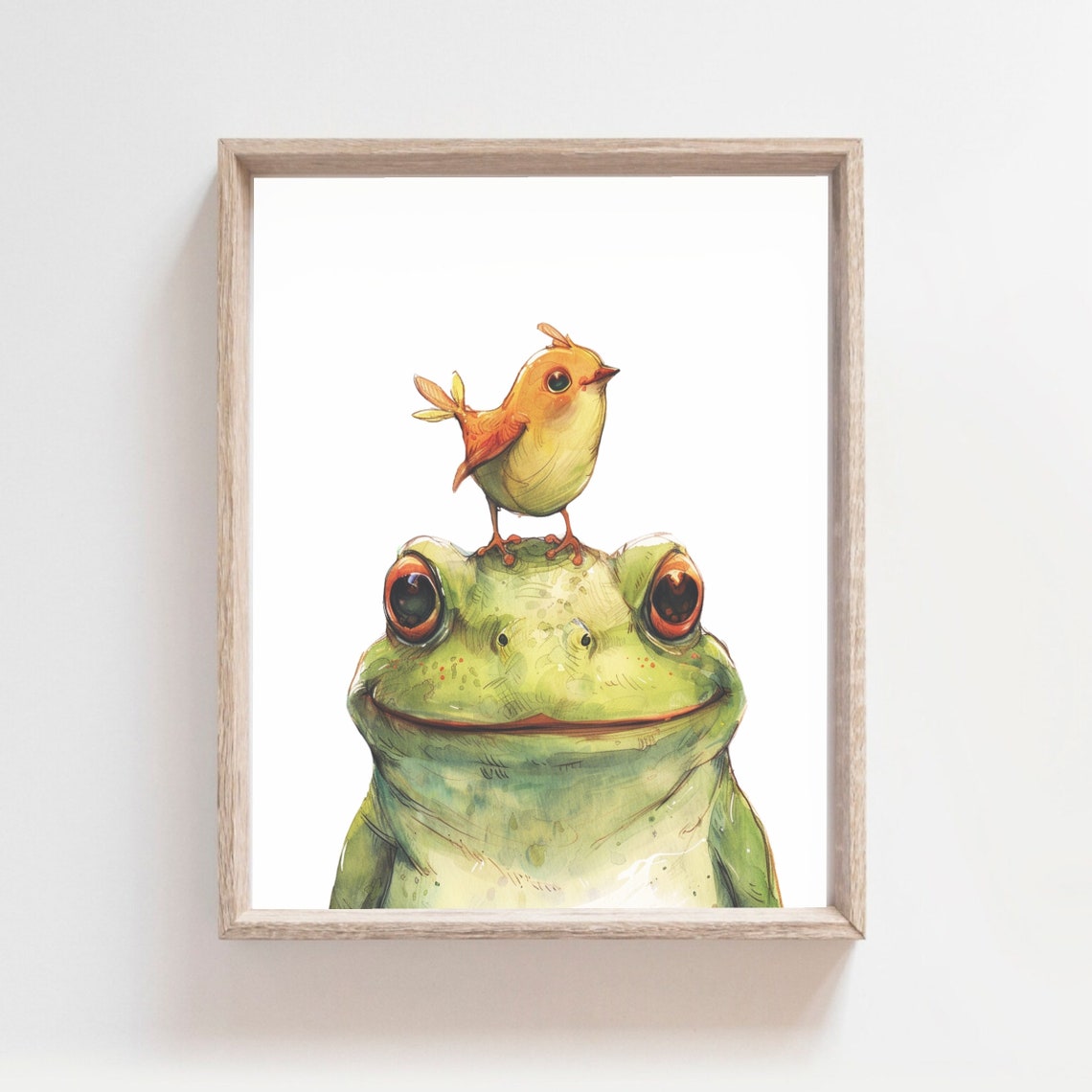 Happy Green Frog Face With Yellow Bird On Head Nursery Poster