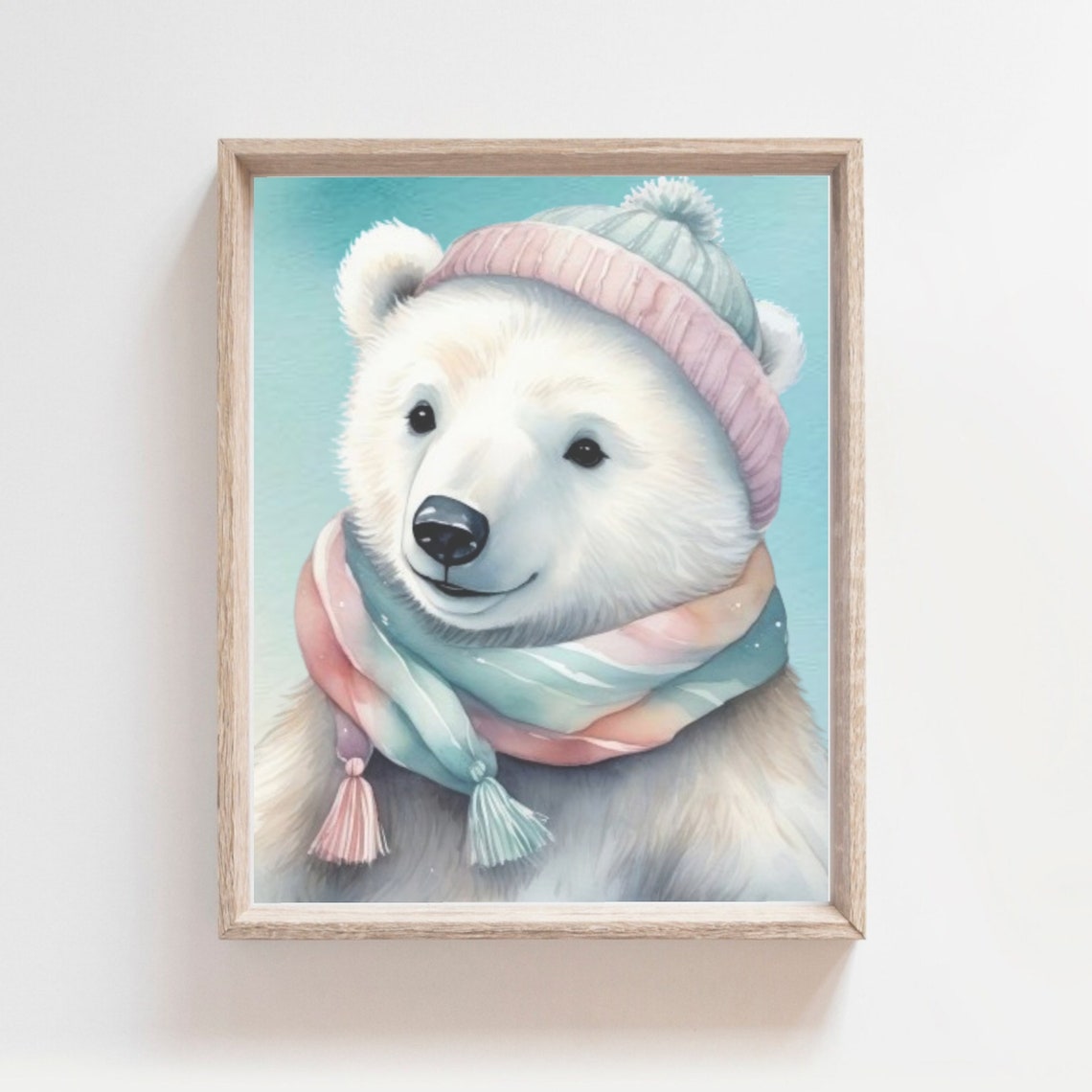 Polar Bear With Winter Hat and Scarf Watercolor Nursery Poster