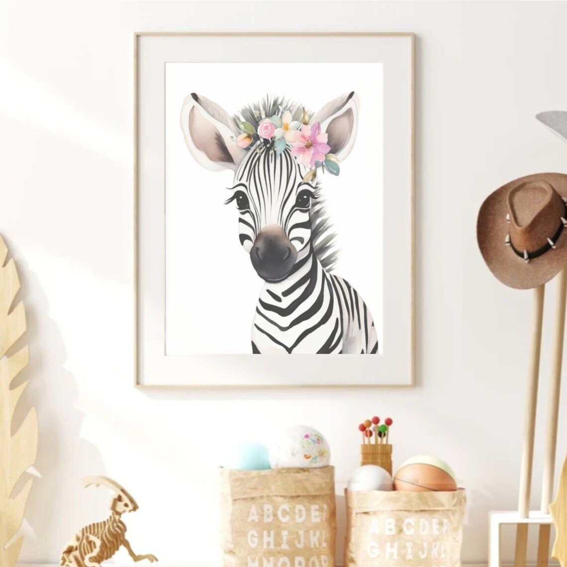 Baby Zebra Flower Crown Watercolor Safari Animal Nursery Poster - Image 2