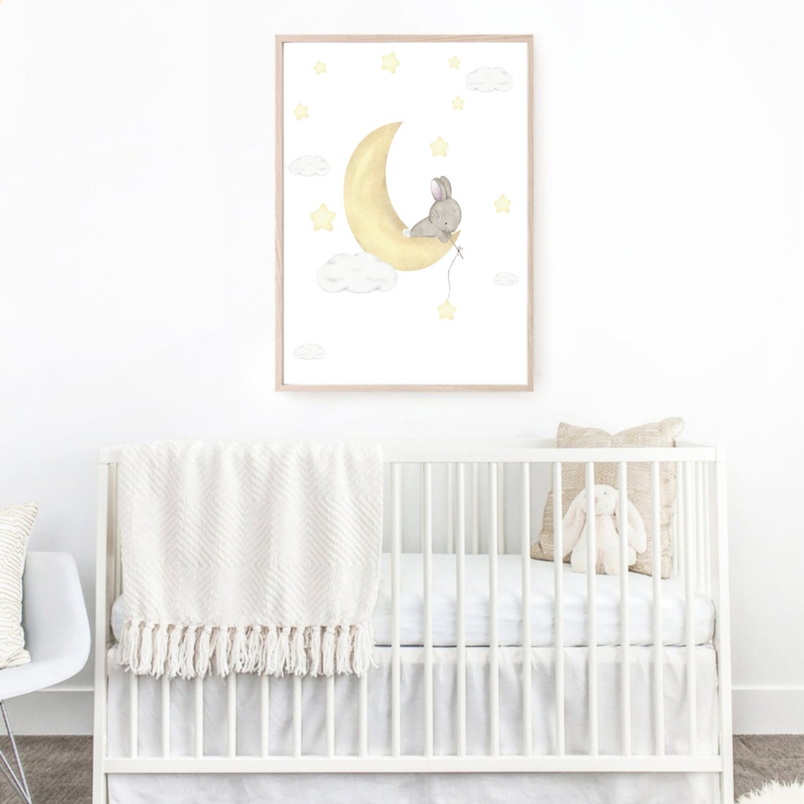 Bunny Moon Stars Watercolor Sleeping Rabbit Dreamy Nursery Poster - Image 2