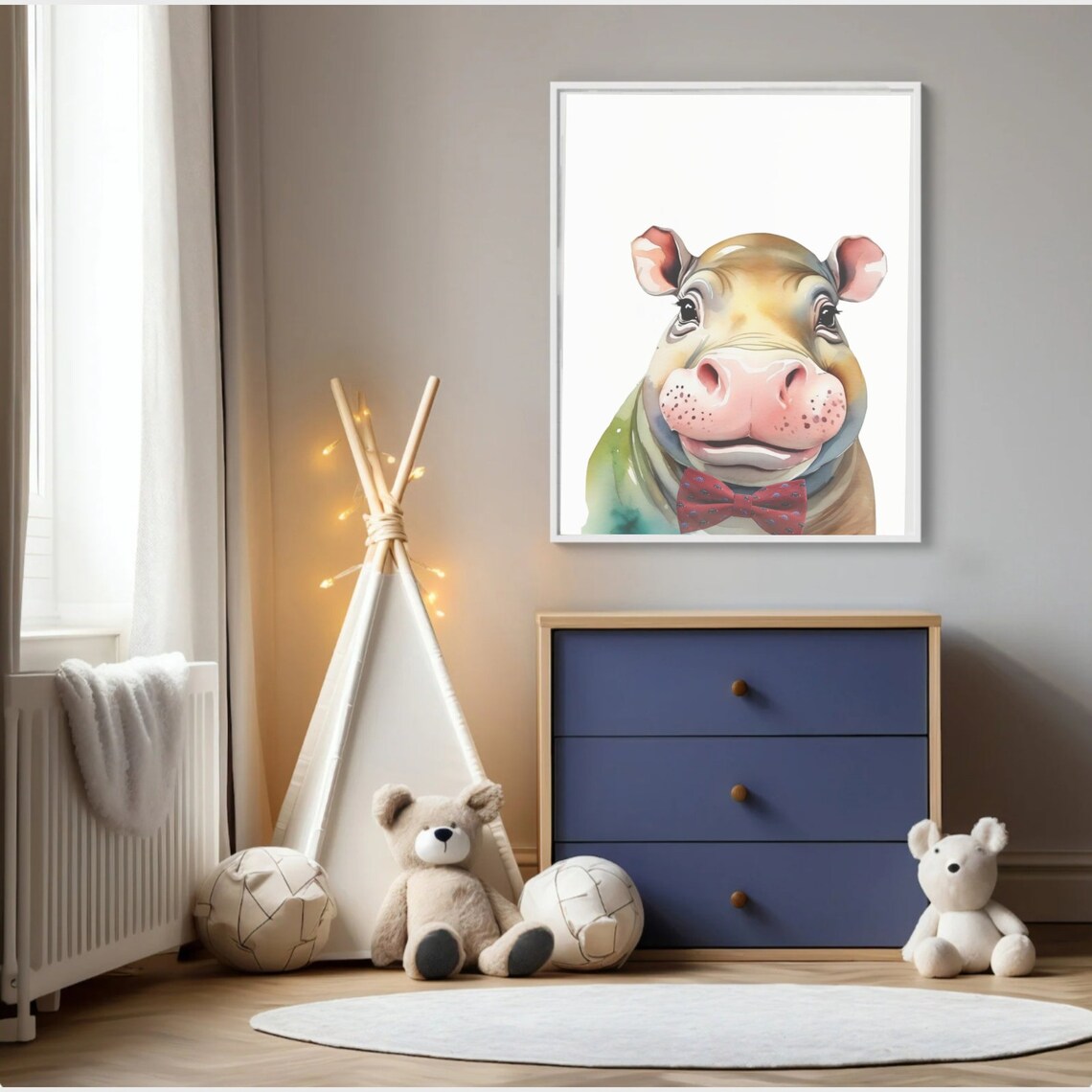 Baby Hippo Bow Tie Watercolor Safari Animal Nursery Kids Poster - Image 2