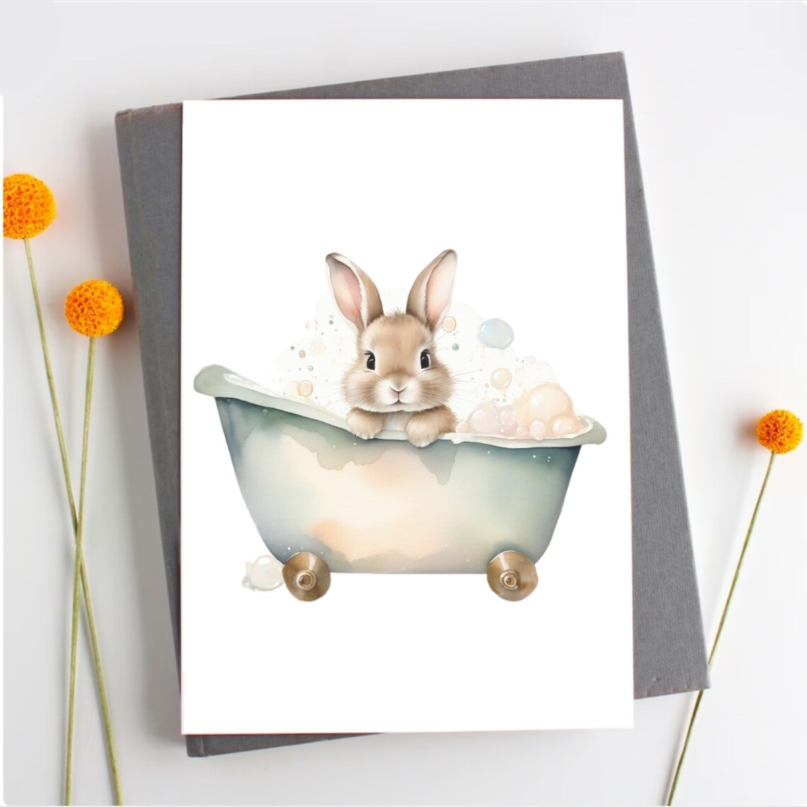 Adorable Baby Bunny In Bathtub Watercolor Kids Bathroom Poster - Image 3