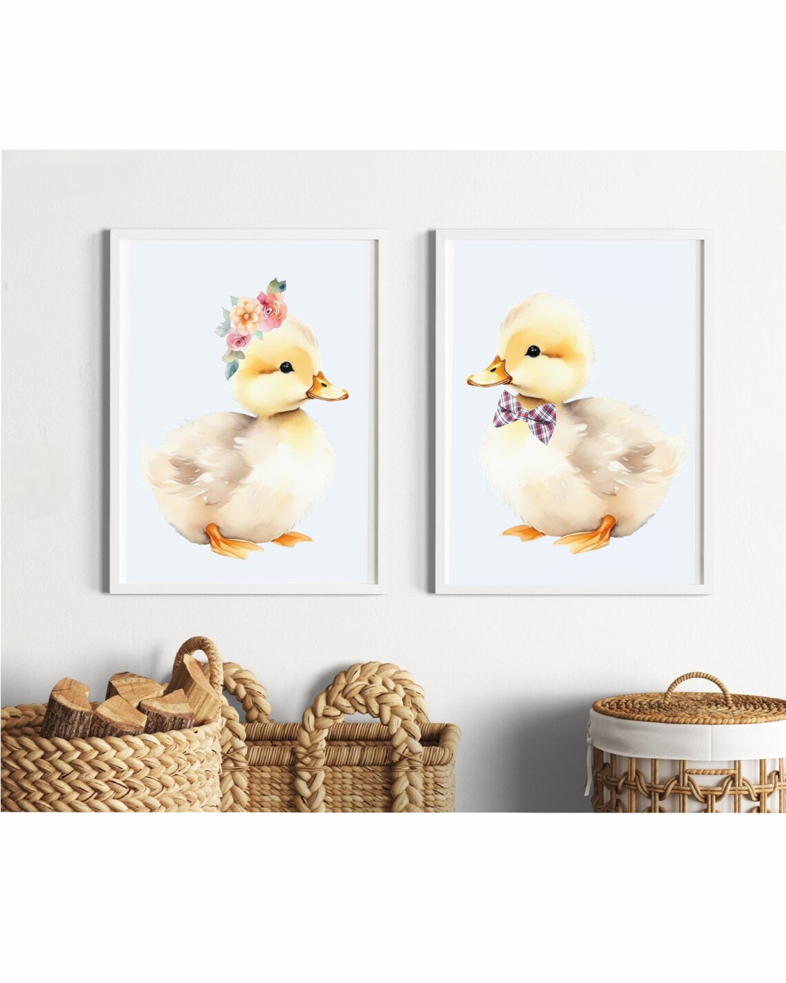Flower Crown And Bowtie Duckling Pair Watercolor Kids Nursery Wall Art - Image 2