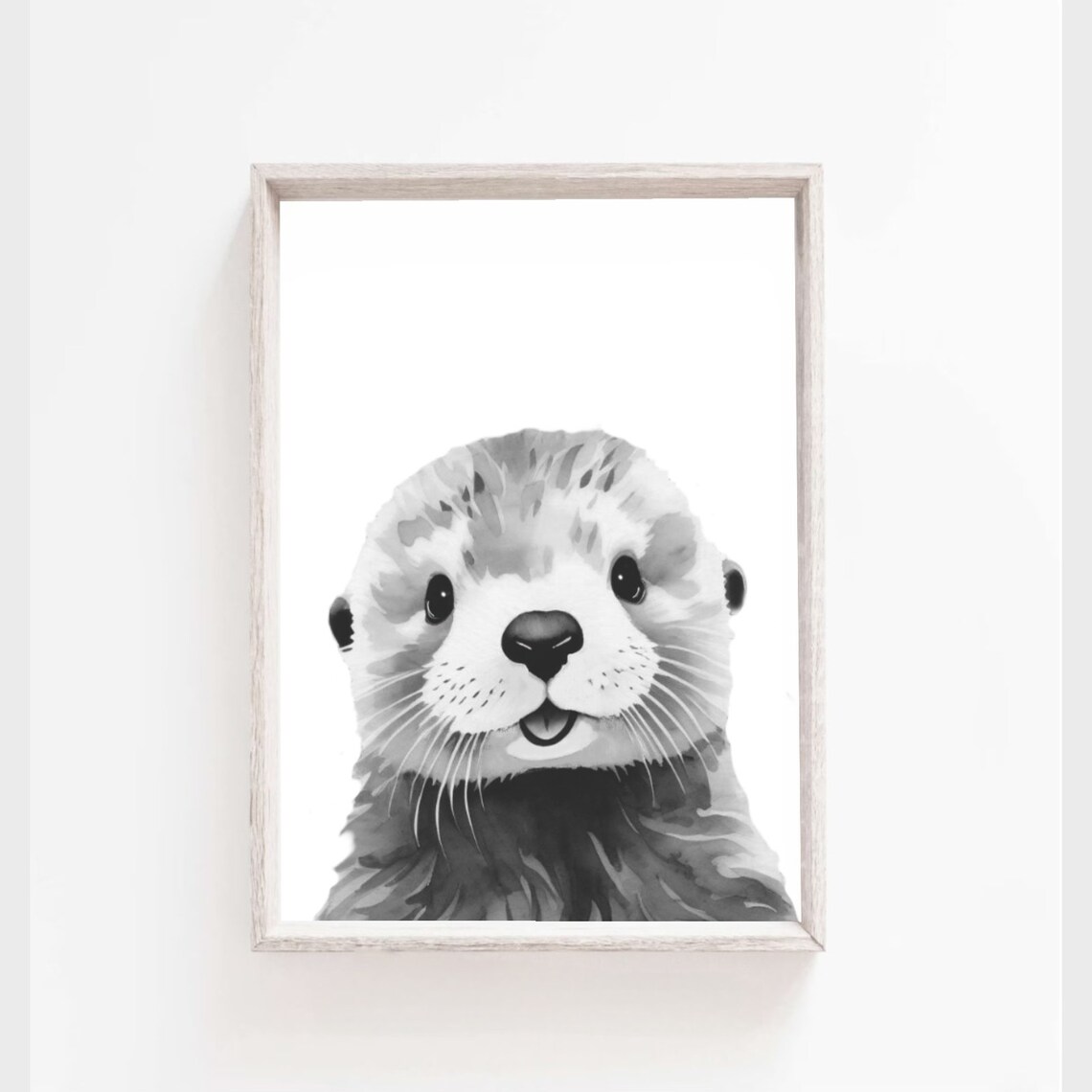 Baby Otter Portrait Black and White Watercolor Nursery Animal Art Poster - Image 2
