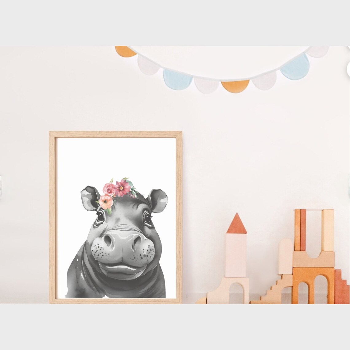 Baby Hippo with Pink Flower Crown Black and White Nursery Art Poster - Image 2