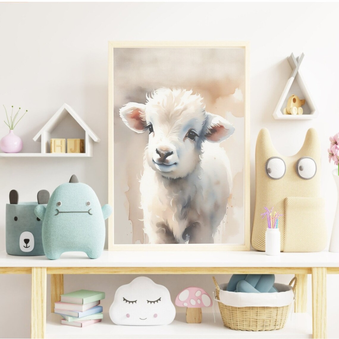 Sweet Baby Lamb Watercolor Portrait Soft Neutral Nursery Poster - Image 2