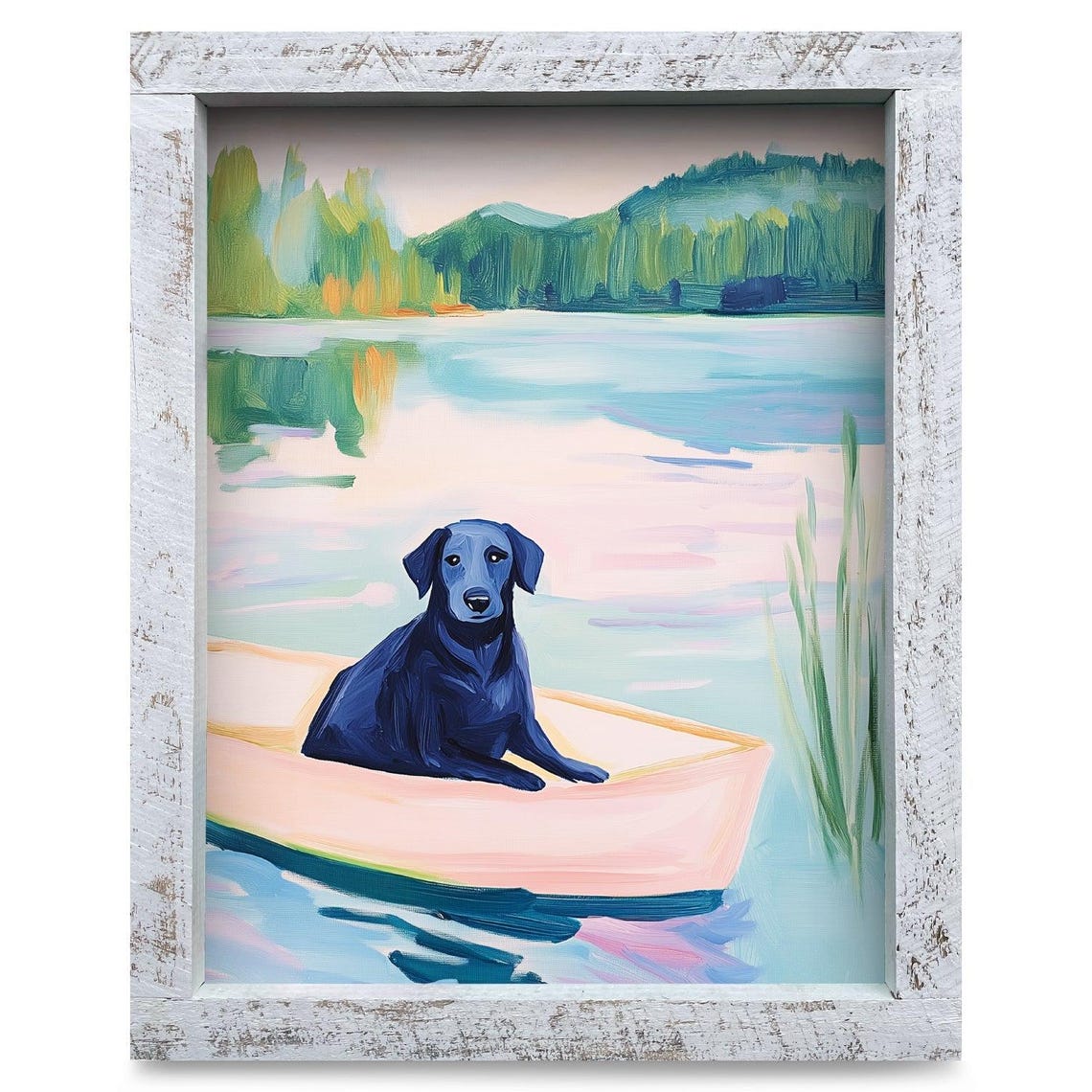 Cute Black Lab Lake Boat Real Wood Framed Wall Art Print