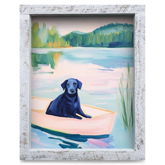 Cute Black Lab Lake Boat Real Wood Framed Wall Art Print