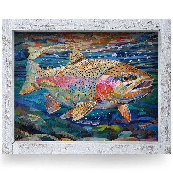 Colorful Rainbow Trout Real Wood Framed Wall Art Print