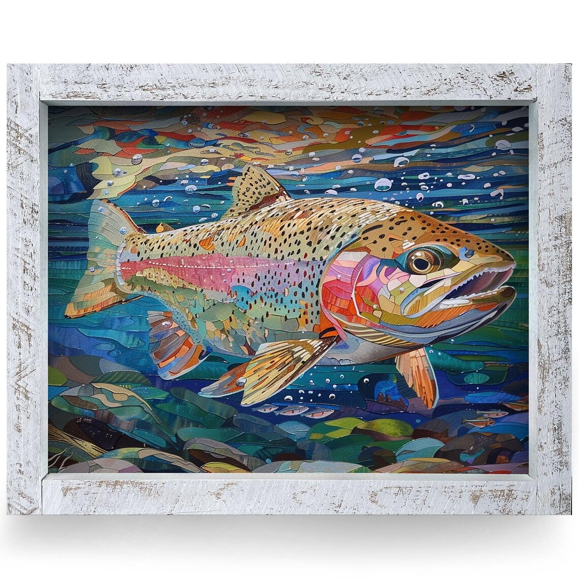 Colorful Rainbow Trout Mosaic Style Fishing Scene Wall Art Decor