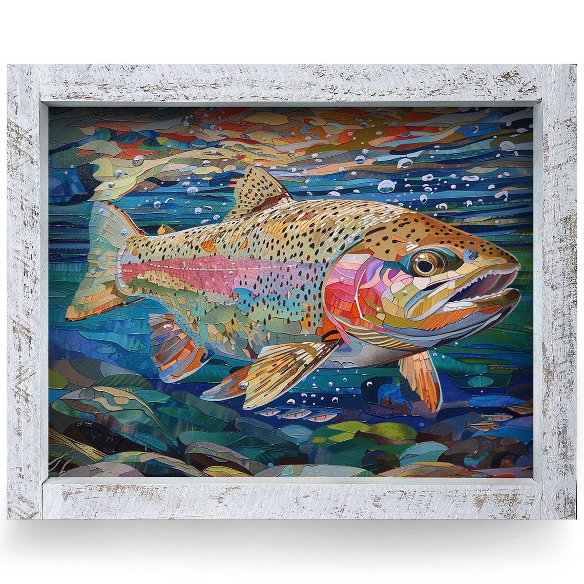 Colorful Rainbow Trout Real Wood Framed Wall Art Print