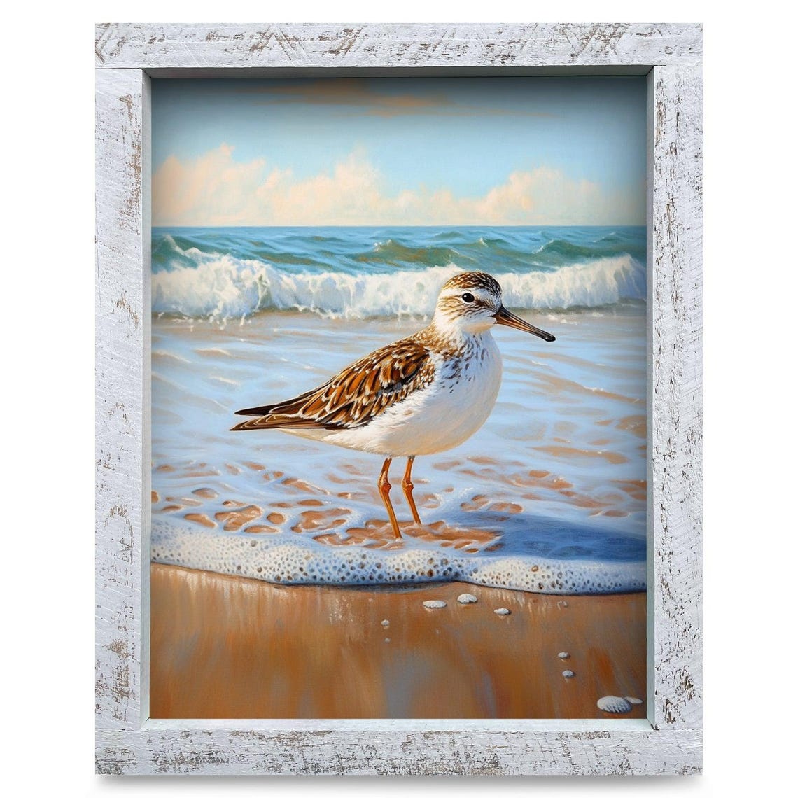 Sandpiper on Foamy Beach Shore Realistic Coastal Bird Poster