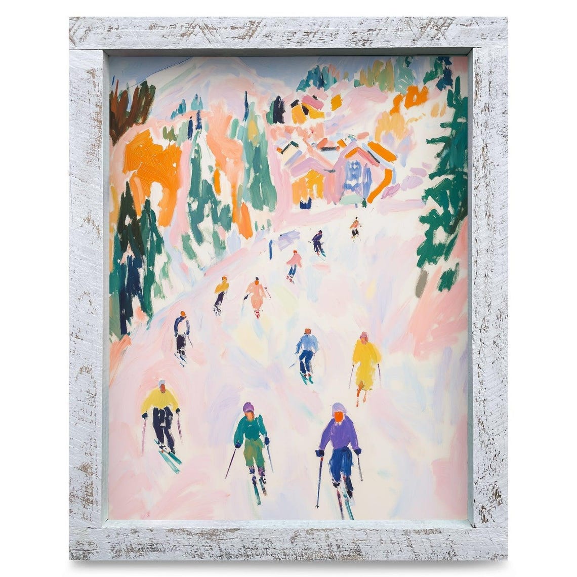 Colorful Downhill Skiers At Alpine Resort Village Scene Poster