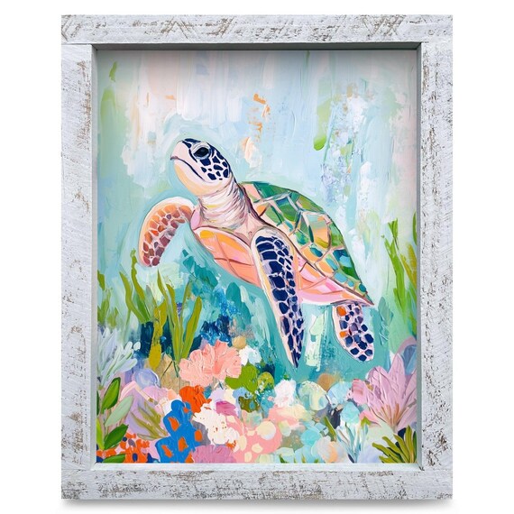 Colorful Sea Turtle Swimming Through A Bright Coral Reef Scene Poster