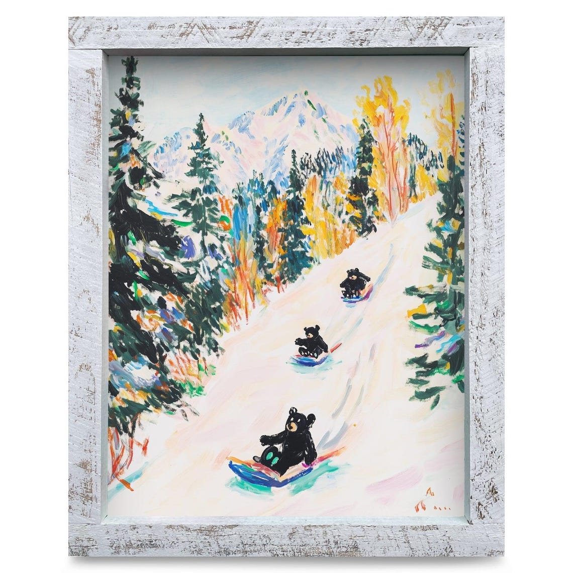 Black Bears Sledding Down a Snowy Mountain Slope Winter Art Poster