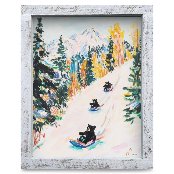 Black Bears Sledding Down a Snowy Mountain Slope Winter Art Poster