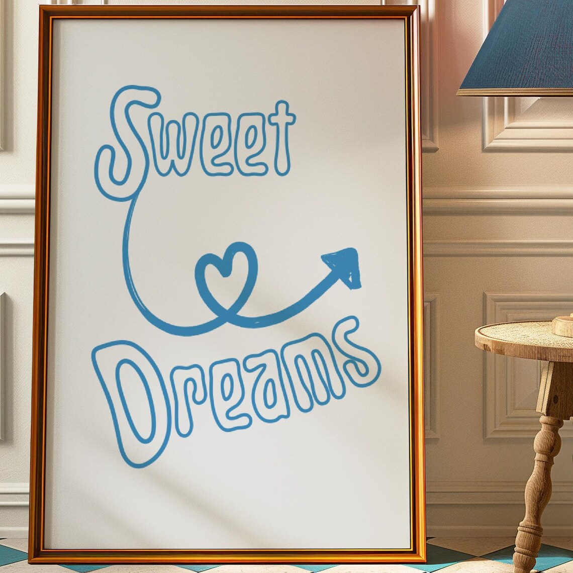 Sweet Dreams Above Bed Print Dorm Room Prints Teen Girl Bedroom College Apartment Mid Century Blue Wall Art