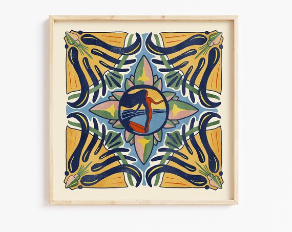 Talavera Tile Surfer Medallion California Coastal Surf Art Poster