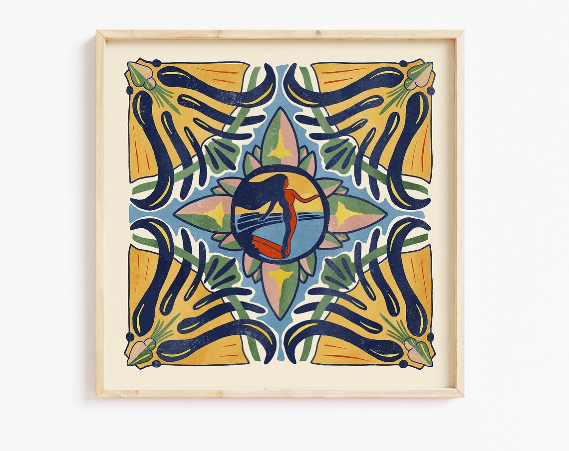 Talavera Tile Surfer Medallion California Coastal Surf Art Poster
