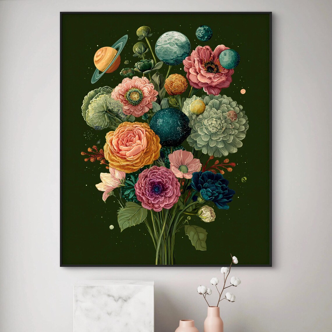 Celestial Flower Bouquet With Planets Dark Green Botanical Poster