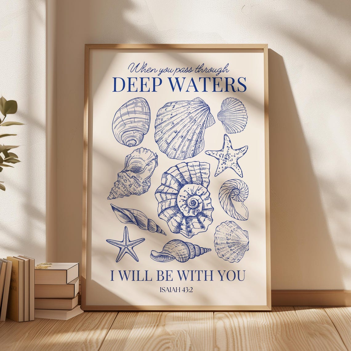 Deep Waters Isaiah 432 Christian Poster Blue Seashell Coastal Decor