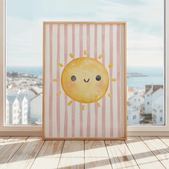 Cute Smiling Watercolor Sun On Pink Striped Nursery Wall Art