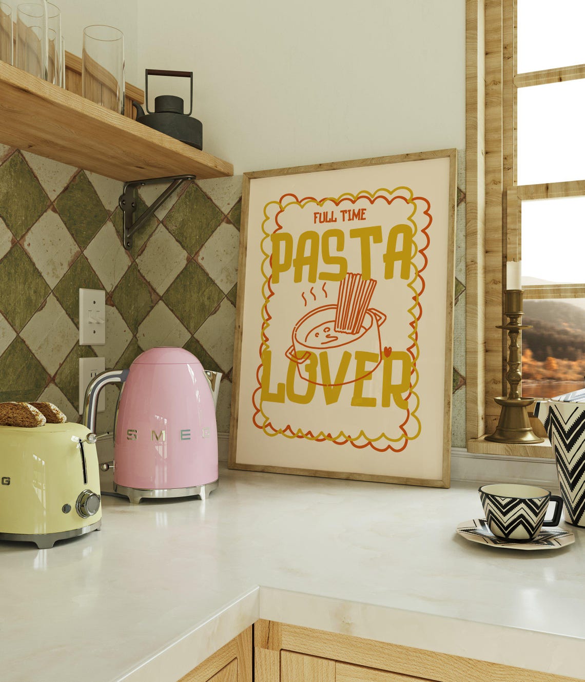 Full Time Pasta Lover Retro Kitchen Poster with Smiling Spaghetti Art