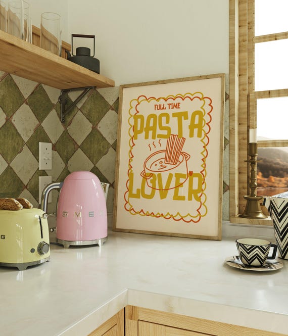 Full Time Pasta Lover Print Funny Kitchen Wall Art Foodie For Fans Whimsical Cooking Beige Yellow Orange