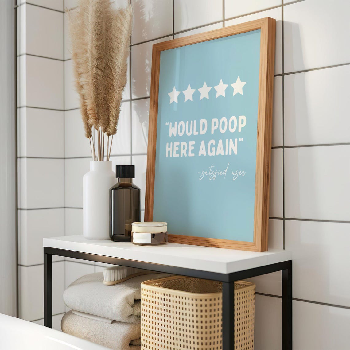 5 Star Would Poop Here Again Wall Art Funny Bathroom Review Poster Humorous Restroom Decor Guest Blue White