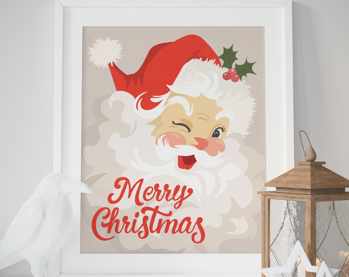 Cheerful Winking Retro Santa Face Merry Christmas Holiday Poster
