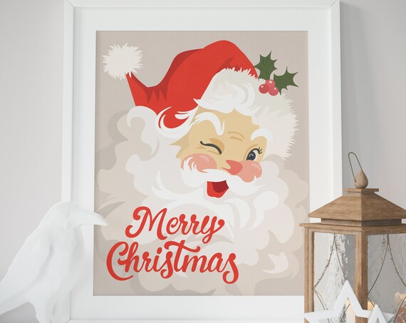 Cheerful Winking Retro Santa Face Merry Christmas Holiday Poster