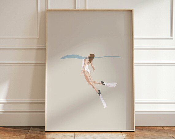 Scuba Diving Watercolor Poster, Sea Lover Gift