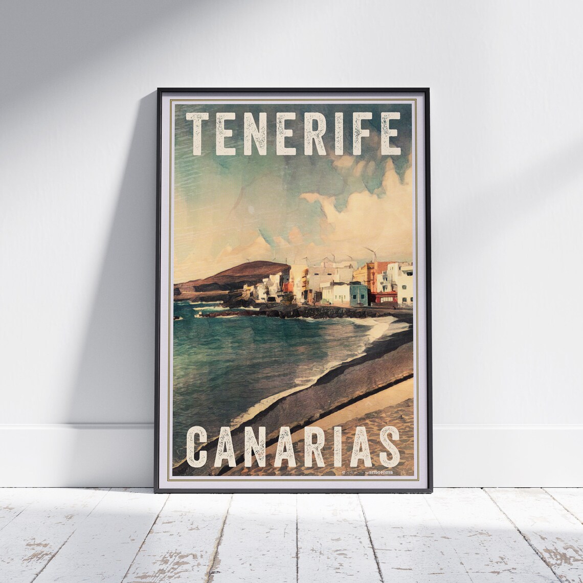 Tenerife Canary Islands Black Sand Beach Seaside Town Travel Poster