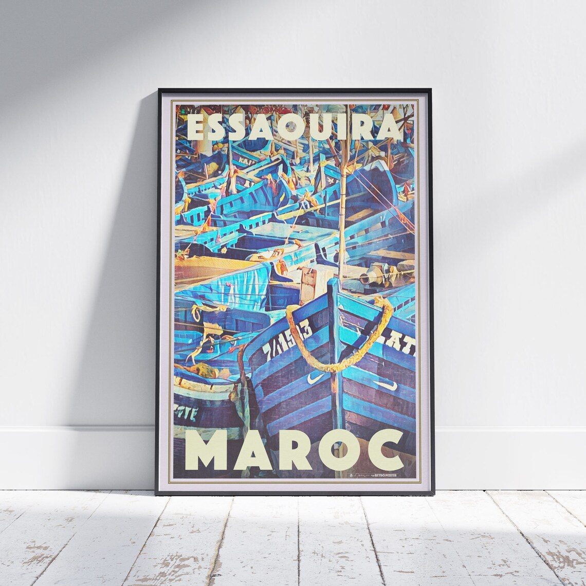 Essaouira Blue Fishing Boats Harbor Vintage Morocco Travel Poster