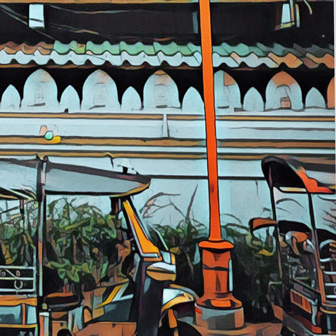 Bangkok Thailand Retro Travel Poster Temple Tuk Tuk Street Scene Art - Image 4