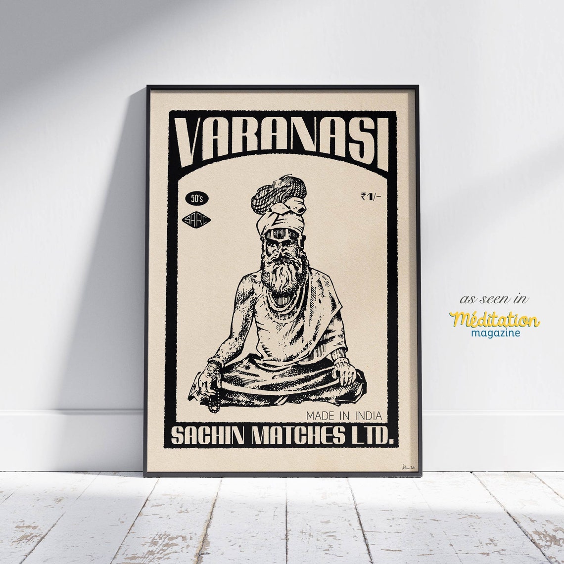 Varanasi Sadhu Meditating Ascetic Vintage India Matchbox Art Poster