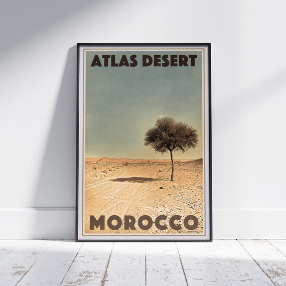 Atlas Desert Poster Vintage Moroccan Landscape Print By Alecse Retro Art Decor Morocco Wall Art Desert Tree Illustration