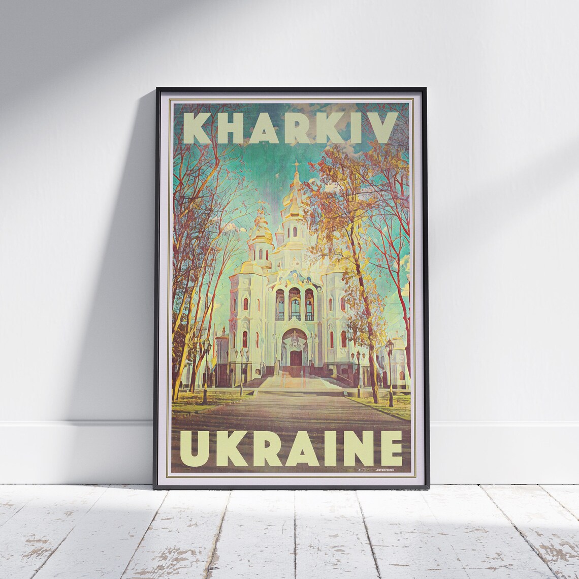 Kharkiv Ukraine Golden Dome Cathedral Autumn Trees Retro Travel Poster