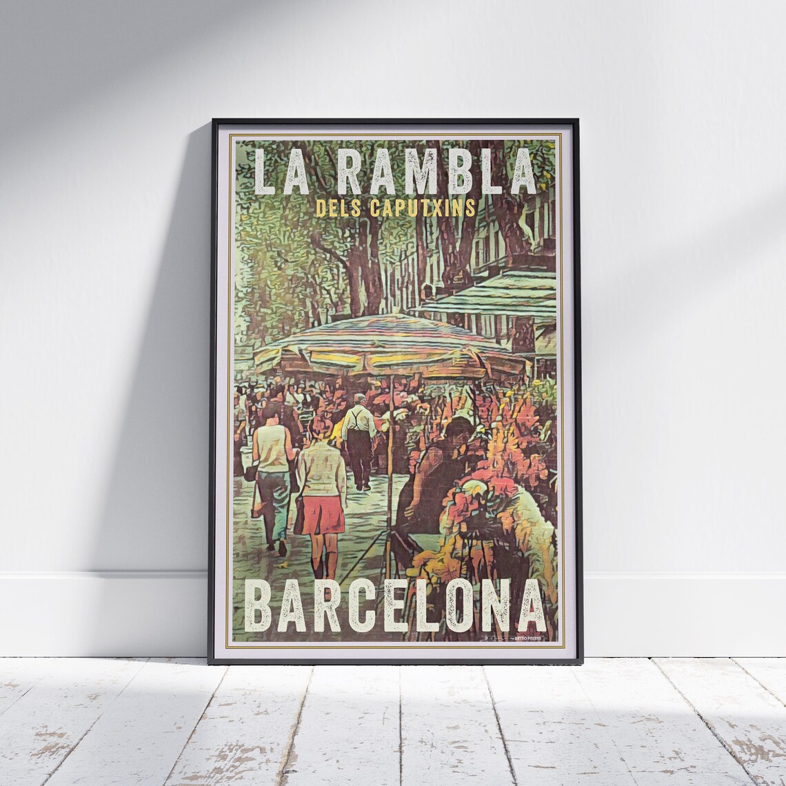 Barcelona La Rambla Flower Market Stalls Vintage Spain Travel Poster