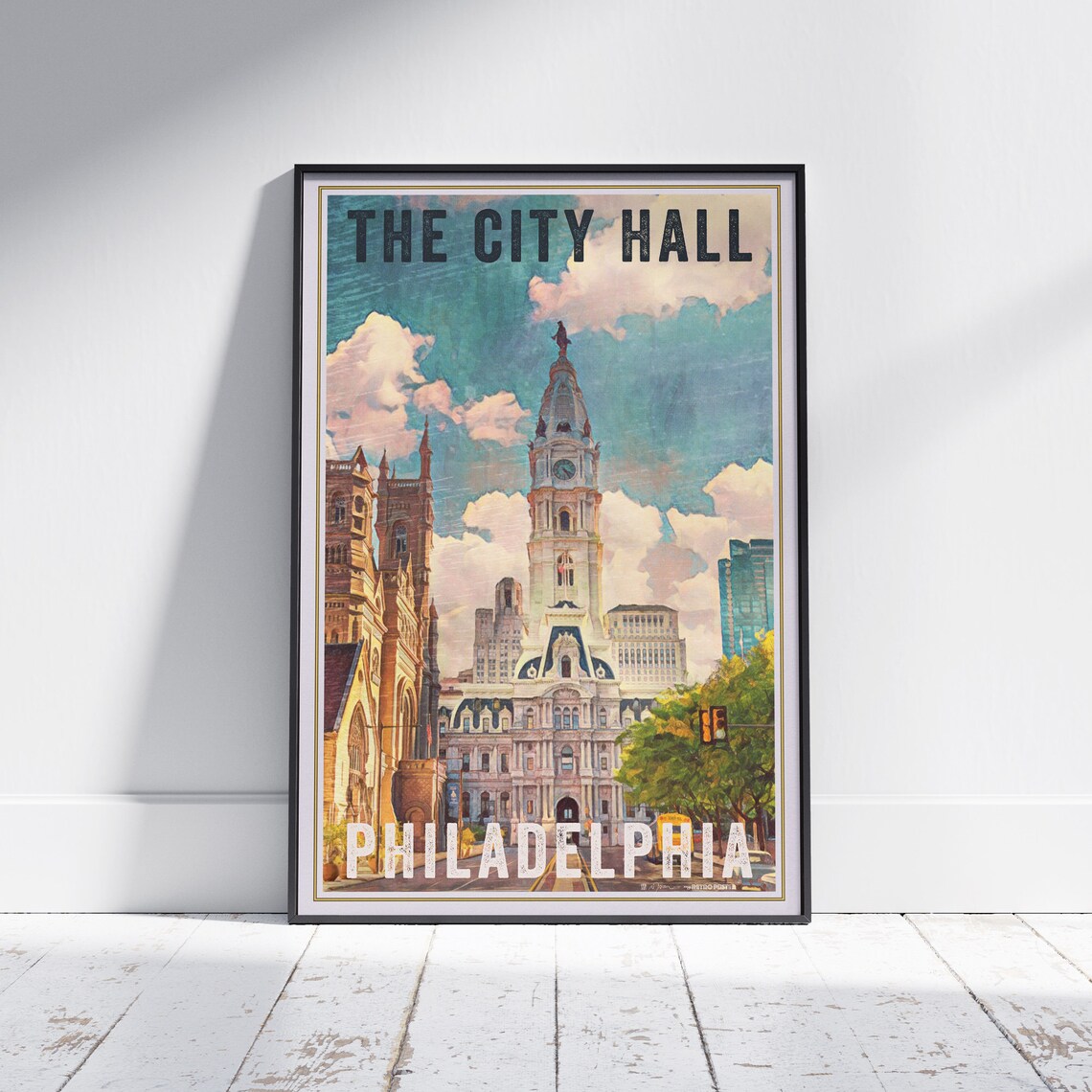 Philadelphia City Hall Retro Travel Poster Historic Downtown Art