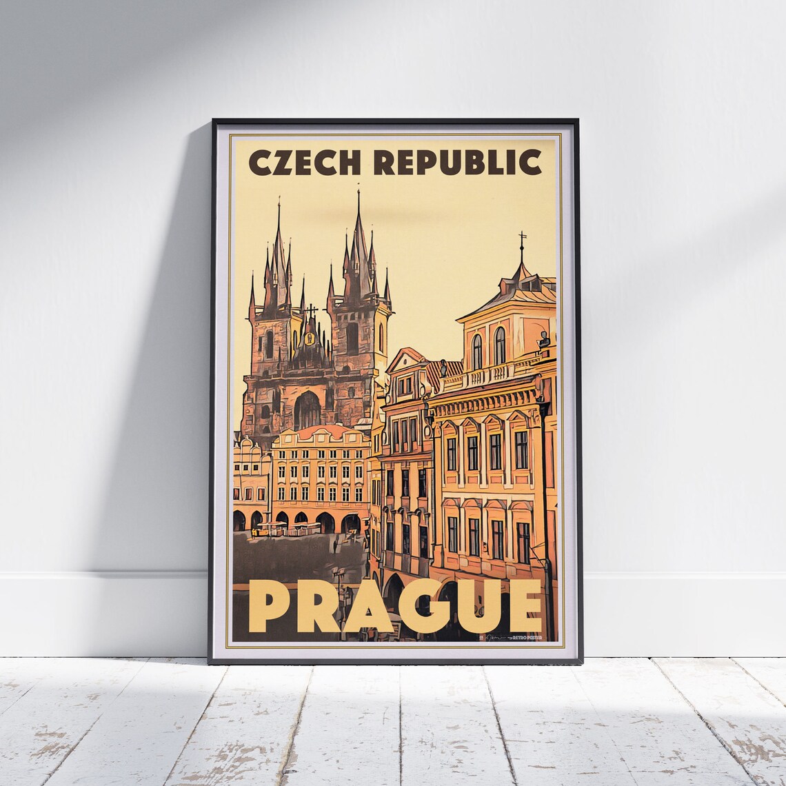 Prague Czech Republic Twin Gothic Spires Old Town Retro Travel Poster